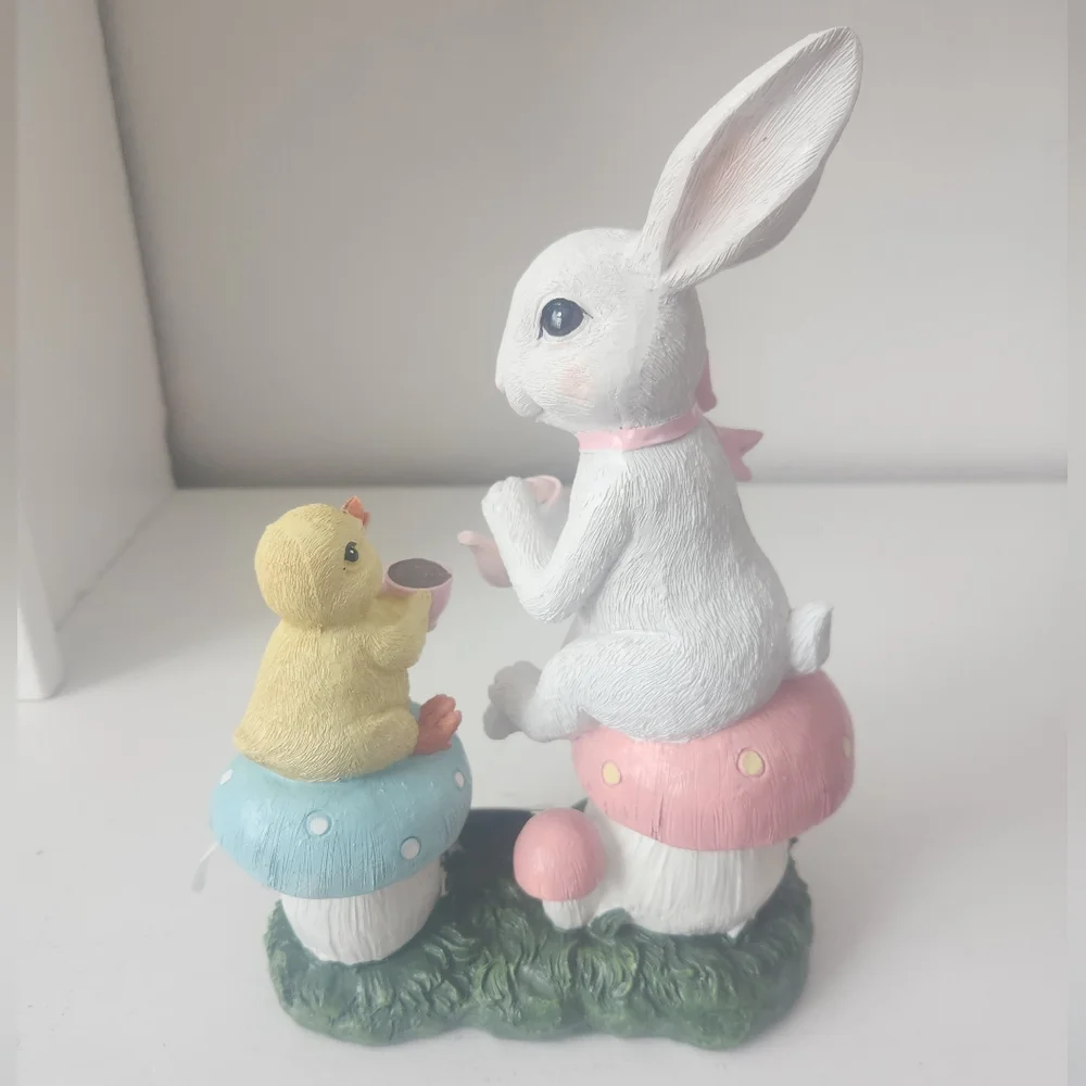 White Rabbit and Yellow Chick Sitting On Mushrooms Having Tea Figurine Resin - Picture 7 of 10